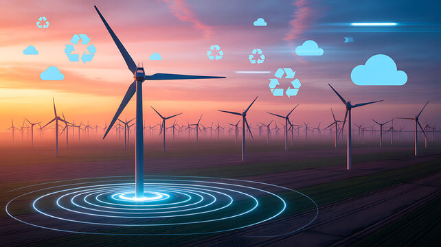 Sustainable energy wind farm with recycling icons