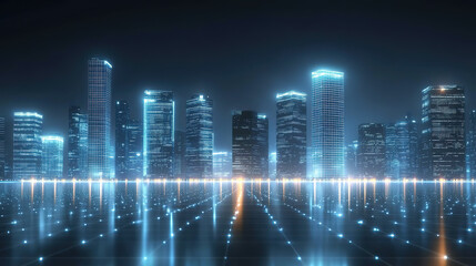 Technological style, blue glowing city skyline, ground platform, night view