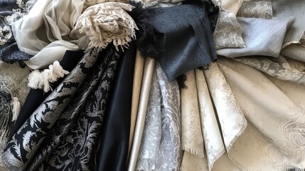 Variety of fabric samples arranged in a circular pattern.