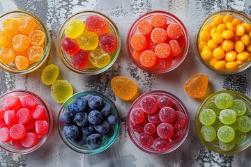 flat lay of colorful jelly candies in glass bowls, textured linen surface, minimalist style, bright natural light, vibrant multicolor palette, top-down view 