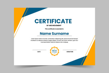 Modern elegant blue and yellow geometric certificate template. Appreciation for business and education. Vector illustration