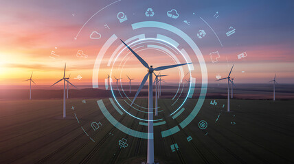 Smart wind farm at sunset renewable energy technology