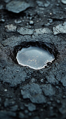 Moody artistic photo of sparkling light reflections shimmering in a dark puddle. Abstract texture with a dreamy and mysterious aesthetic. Minimalist design with caption space on the side.