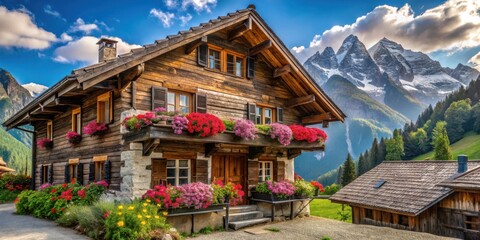 Obraz premium A charming rustic wooden chalet nestled amidst vibrant flowering plants, boasts breathtaking views of majestic snow-capped mountains and lush greenery.