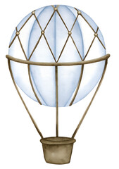 Watercolor illustration of a light blue hot air balloon on transparent background.