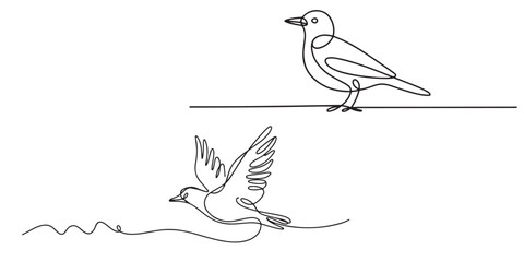 One Line Drawing Minimalist Bird Illustration, Continuous Line Drawing of Birds Perched and in Flight, One Line Drawing of Two Birds Flying and Perched