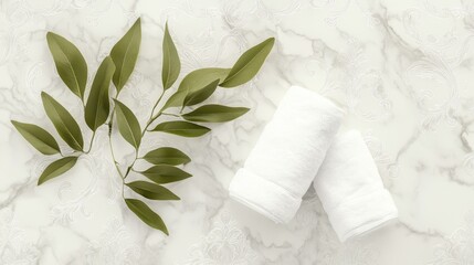 Soft white towels and fresh greenery on a marble surface.