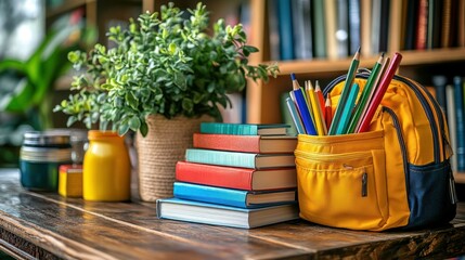 Back to school supplies on a wooden table