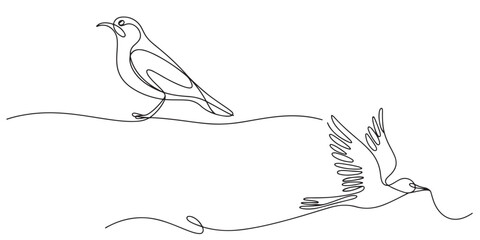 One Line Drawing Minimalist Bird Illustration, Continuous Line Drawing of Birds Perched and in Flight, One Line Drawing of Two Birds Flying and Perched