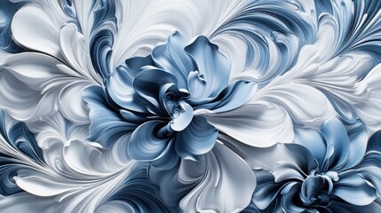 Abstract floral design in shades of blue and white.