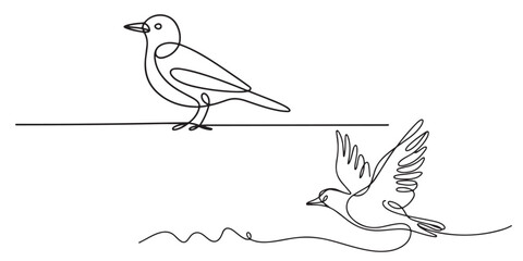 One Line Drawing Minimalist Bird Illustration, Continuous Line Drawing of Birds Perched and in Flight, One Line Drawing of Two Birds Flying and Perched