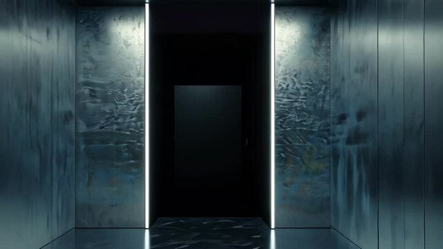 modern corridor with elevators and geometric lighting feature and polished stone floor