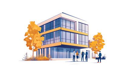 Modern Office Building Exterior with Autumnal Trees and Business Professionals