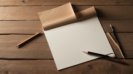 Blank Sketchbook and Drawing Tools on Rustic Wooden Table Inspiration for Art and Creativity