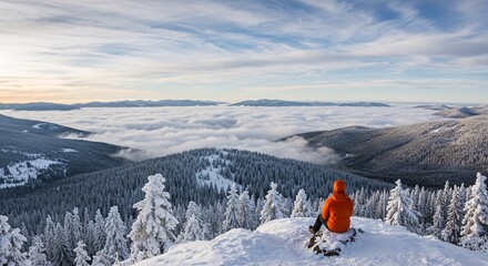 Person in orange jacket sits atop snow-covered mountain gazing at cloud inversion landscape