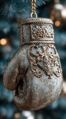 Ornate boxing glove ornament hanging on a Christmas tree, showcasing intricate details and festive spirit