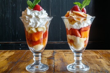 Two fruit sundae desserts layered with whipped cream.