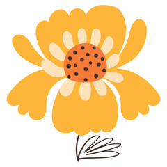 Summer Yellow Flower with Simple Brush Line Decorations. Colorful plant with cute line sketches of branches isolated on white background. Nature herb perfect for invitations, cards, posters, holidays