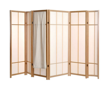 Light brown wooden room divider with off-white panels.