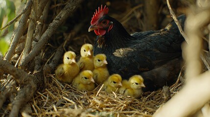 Mother hen with chicks in a nest (2)
