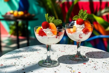 Two glasses of fruit dessert topped with whipped cream.