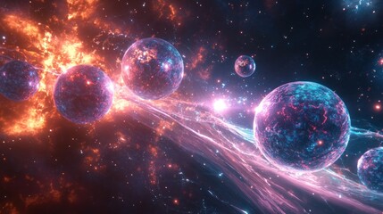 Fiery cosmic explosion with glowing planets and nebula.