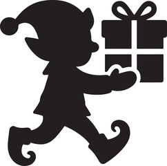 Cheerful elf carrying present silhouette vector in EPS format, great for holiday, Christmas, and festive-themed creative design projects.