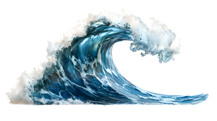 Blue ocean wave splashing, cut out isolated on white  or transparent background