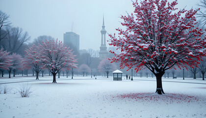 Winter city park at snowfall with red wild apple trees