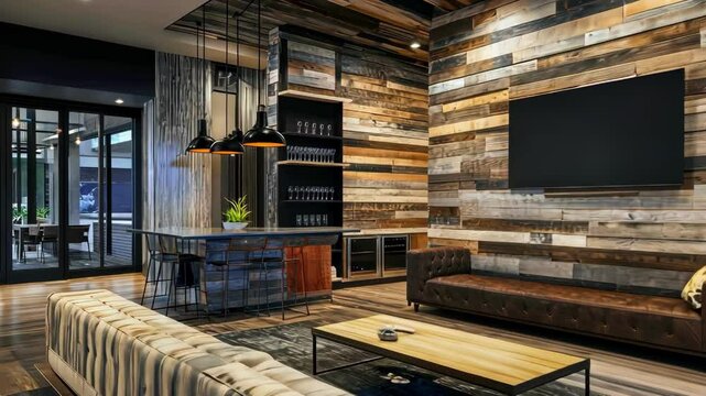 modern interior with bar area and rustic wood wall decor in entertainment room for lounge