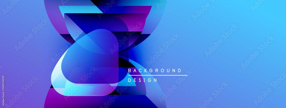 Poster Abstract blue purple design. Dynamic shapes overlap creating modern visual effect. Text reads background design. Smooth gradients dominate composition.