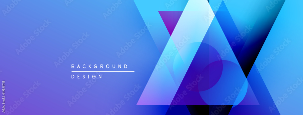 Poster abstract geometric shapes overlap, creating vibrant blue purple gradient. modern design suitable for