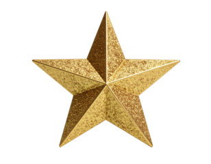 Golden star ornament against a transparent background.