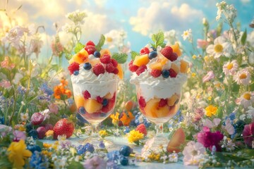 Fresh fruit dessert layered in a glass dish surrounded by flowers.