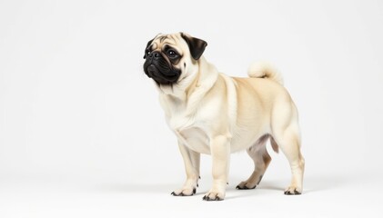Playful pug, standing, facing forward, white background, puppy, isolated