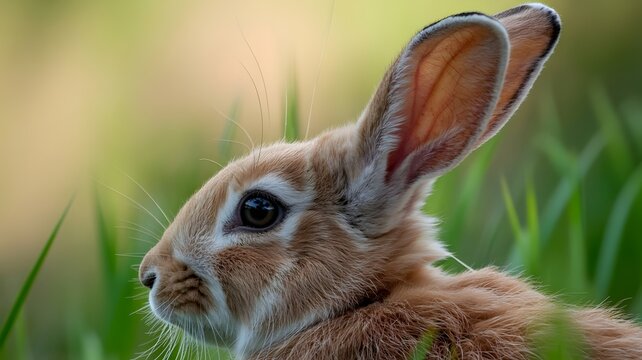 A charming close-up shot of a brown rabbit in a grassy environment, showcasing its attentive gaze. The rabbit's ears stand tall, indicating its curiosity