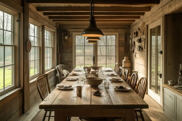 Fototapeta premium A rustic farmhouse dining area featuring a long wooden table and warm pendant lighting overhead