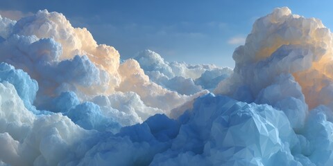polygonal clouds in blue and orange light featuring volumetric forms and a serene sky atmosphere.