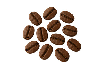 Close-up of roasted coffee beans isolated on white background, aromatic espresso ingredient for cafe and barista, organic caffeine concept, perfect for coffee shop menu design or advertising