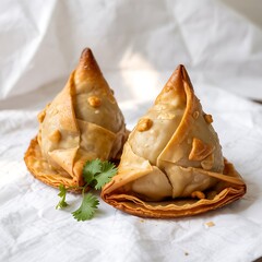 Close-Up of Crispy Golden Samosas on Parchment Paper, Traditional Indian Snack Appetizer