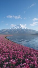 Fototapeta premium A scenic view of a snow-capped mountain, surrounded by a field of pink flowers beside a lake, under a vibrant blue sky