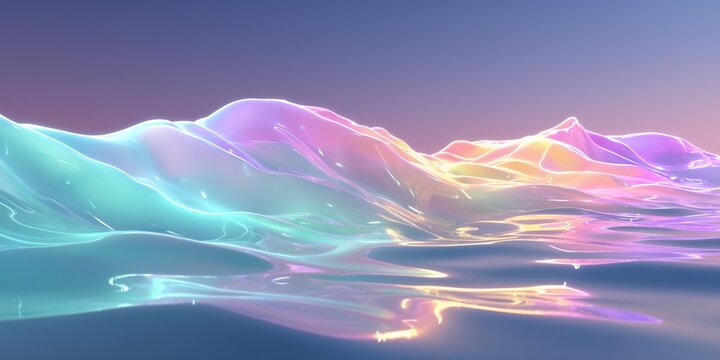 oceanic scene with pastel tones of aqua, pink, yellow, and violet forming translucent liquid textures and glowing peaks.
