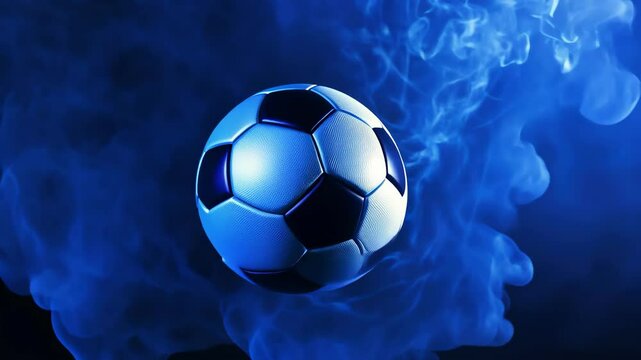 soccer ball with blue smoke effect and dark background in studio setting