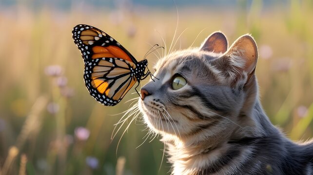 A curious cat gazing at a beautiful butterfly perched on its nose