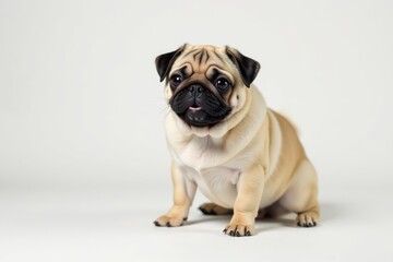 Fototapeta premium Playful pug on white backdrop, looking directly at camera, smiling, pet