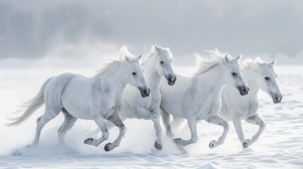 arabian white horses gallop in winter snow