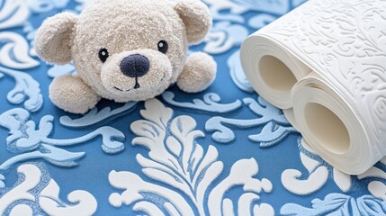 Decorative wallpaper roll and teddy bear closeup.