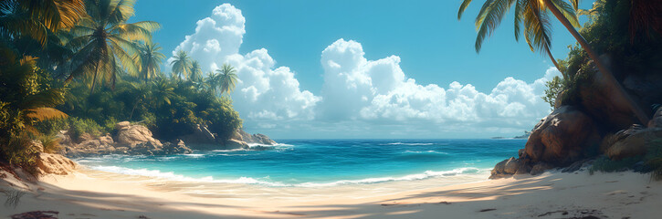 Sunny tropical Caribbean beach with palm trees and turquoise water, caribbean island vacation, hot summer day