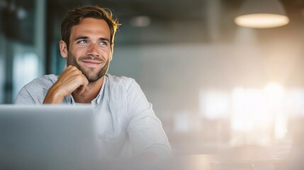 Obraz premium Confident businessman sits at desk working with laptop in office,smiling,business concept.