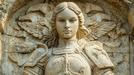 Warrior queen wearing armor made of polished sandstone